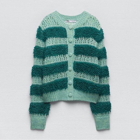 Zara Sz M Green Crew Neck Wool Blend Knit Jacket - Picture 3 of 16